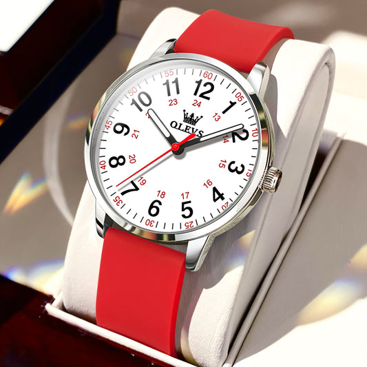 Red Strap-White Dial Silver Trim