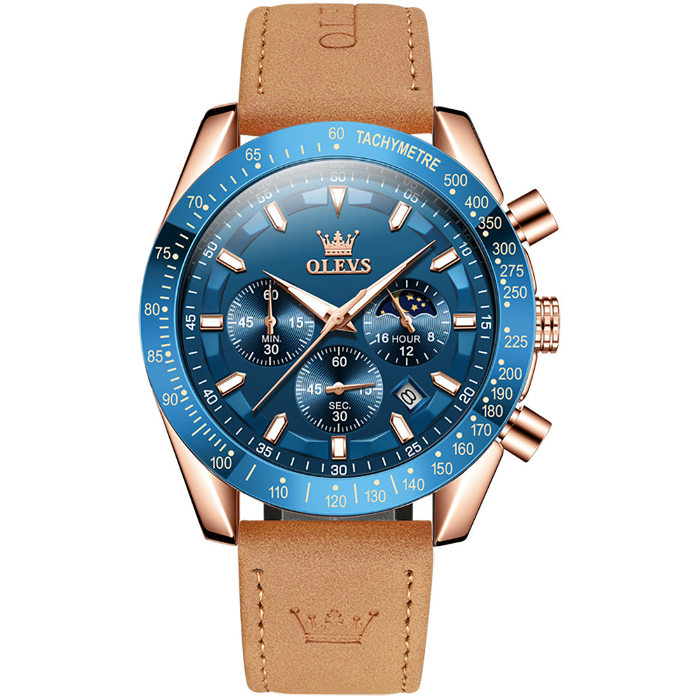 Brown Strap-Blue Dial Rose Trim