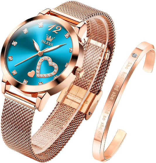 OLEVS 5189+DW Rose Gold Watches for Women Fashion Dress Elegant Luxury Womens Watches Japanese Analog Quartz Diamond Waterproof Luminous Ladies Watches Bracelet Gifts Set Reloj para Mujer