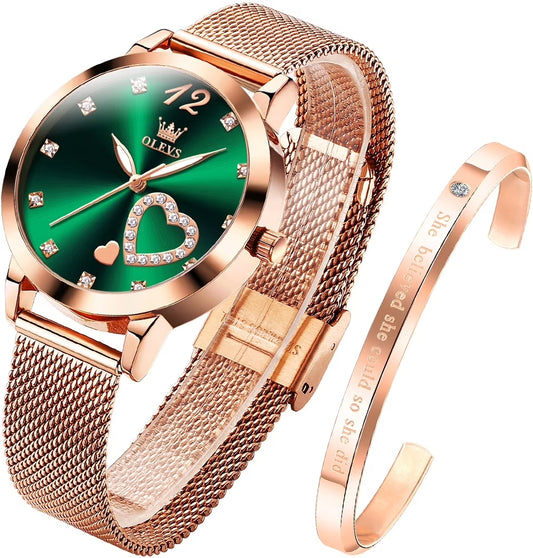 OLEVS 5189+DW Rose Gold Watches for Women Fashion Dress Elegant Luxury Womens Watches Japanese Analog Quartz Diamond Waterproof Luminous Ladies Watches Bracelet Gifts Set Reloj para Mujer