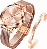 OLEVS 5189+DW Rose Gold Watches for Women Fashion Dress Elegant Luxury Womens Watches Japanese Analog Quartz Diamond Waterproof Luminous Ladies Watches Bracelet Gifts Set Reloj para Mujer