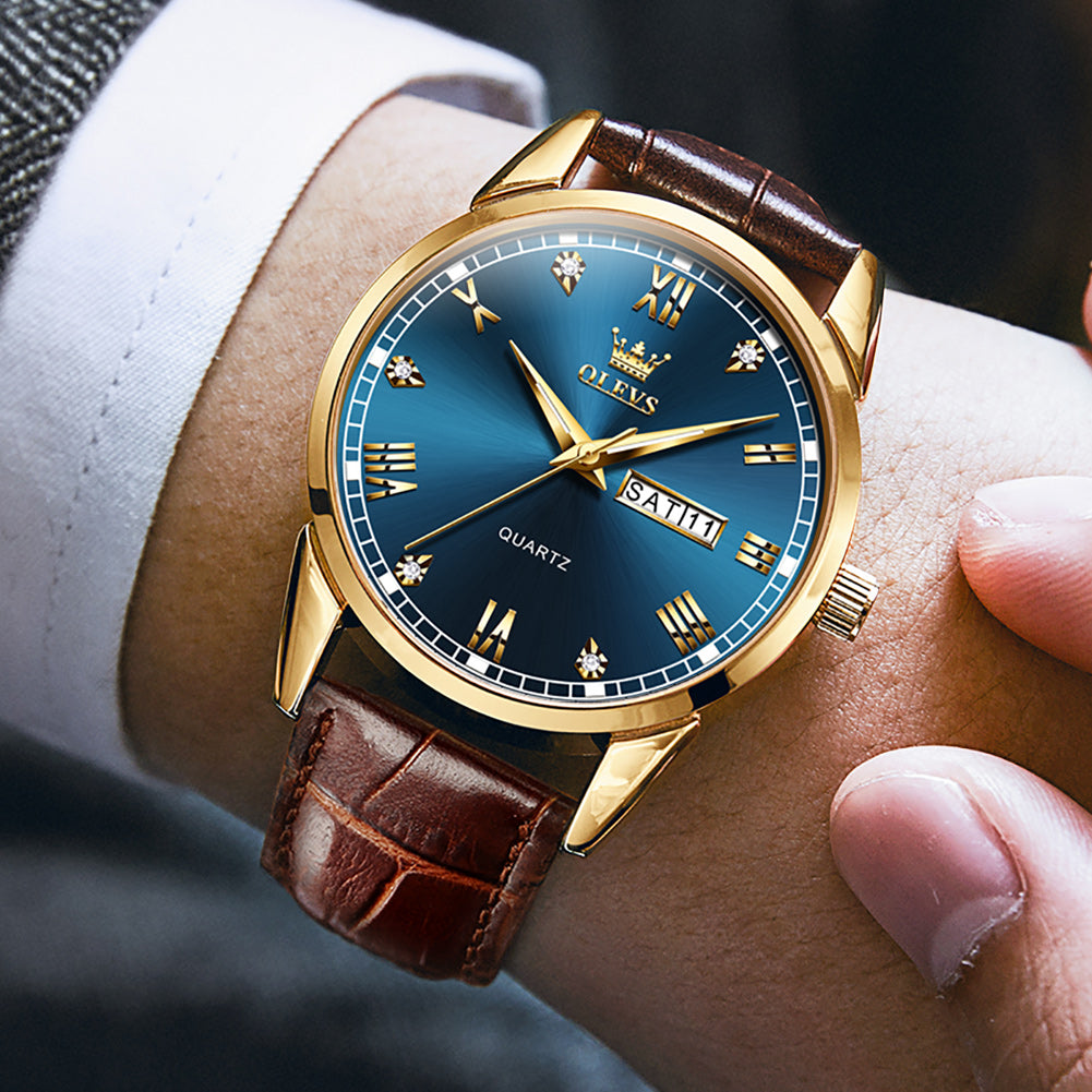 Brown Strap-Blue Dial Gold Trim