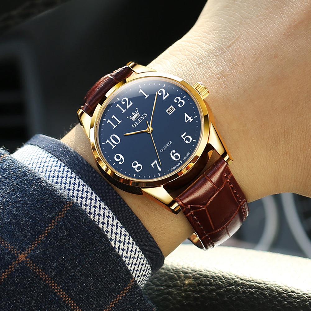 Brown Strap-Blue Dial Gold Trim