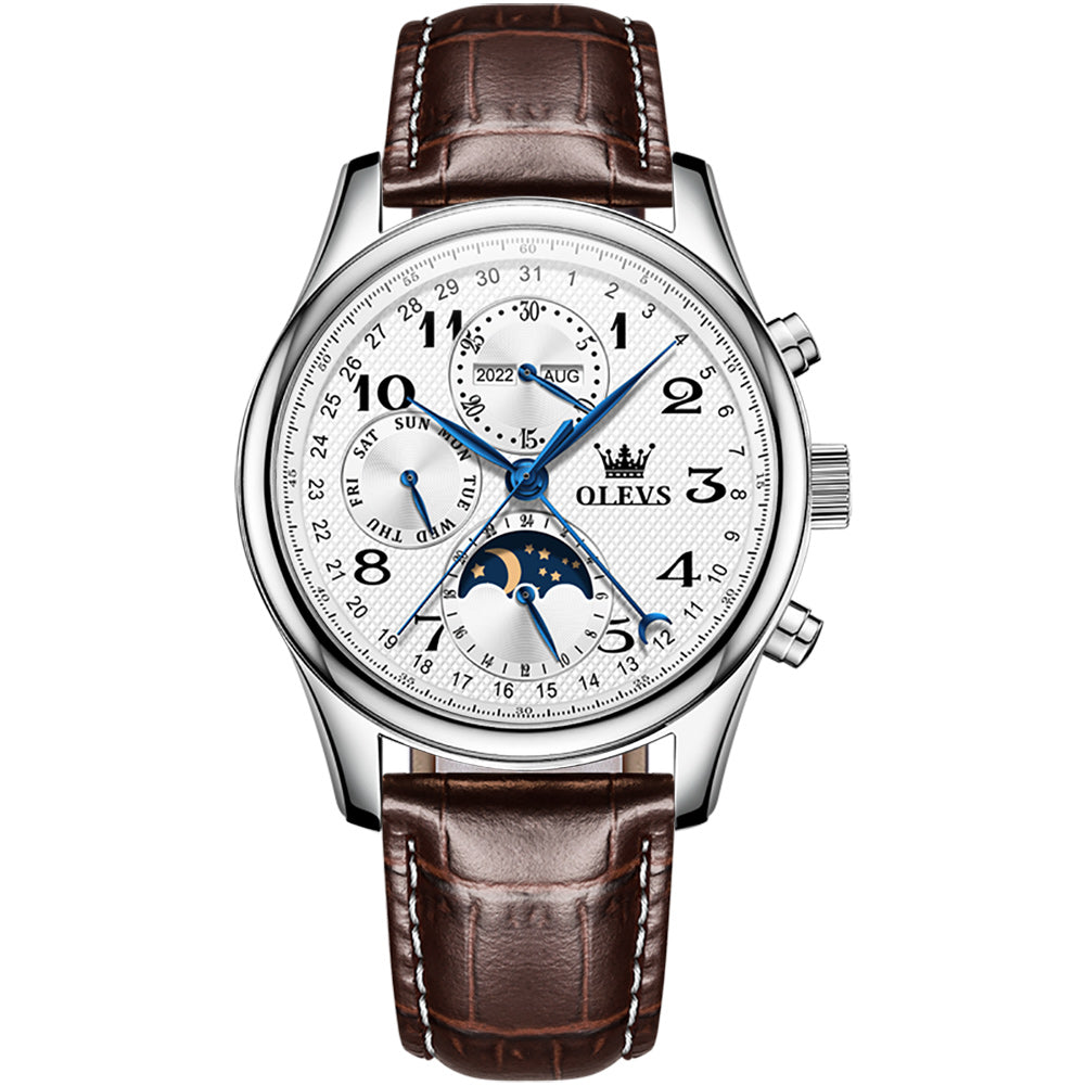 Brown Strap-White Dial Silver Trim