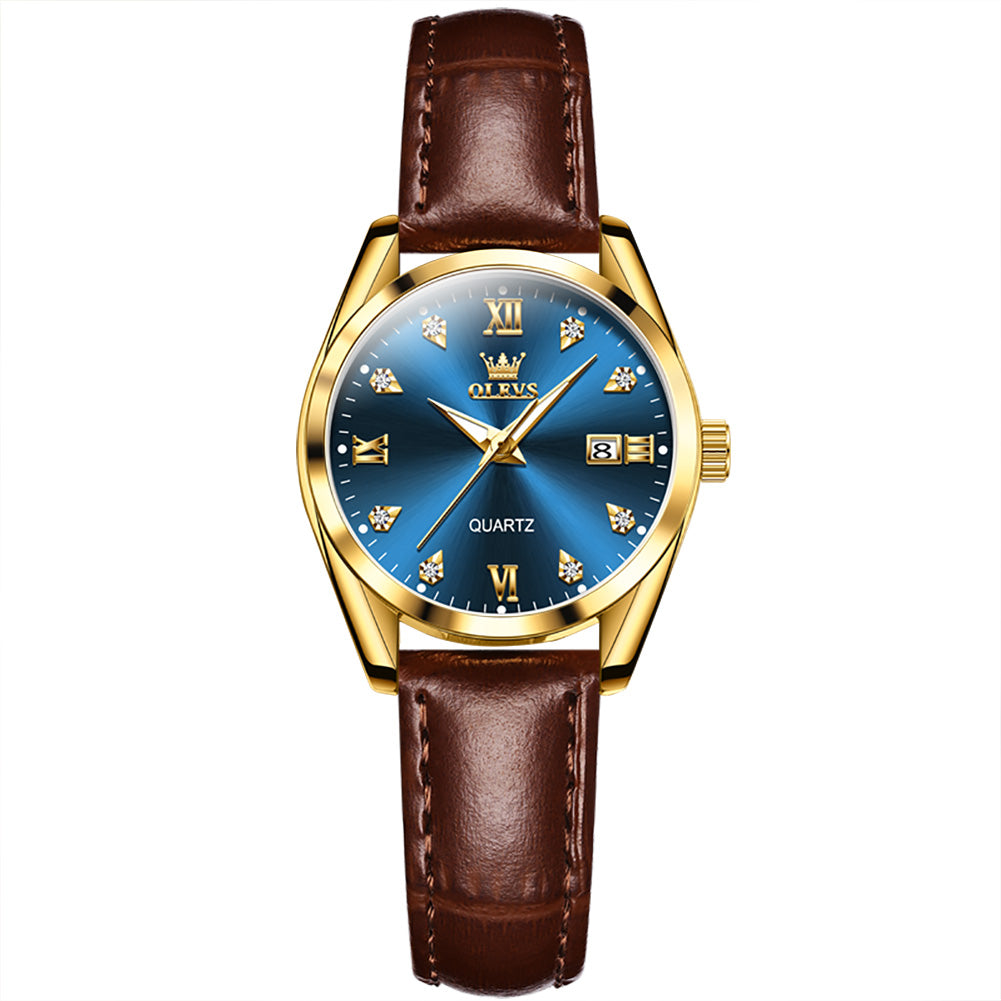 Brown Strap-Blue Dial Gold Trim