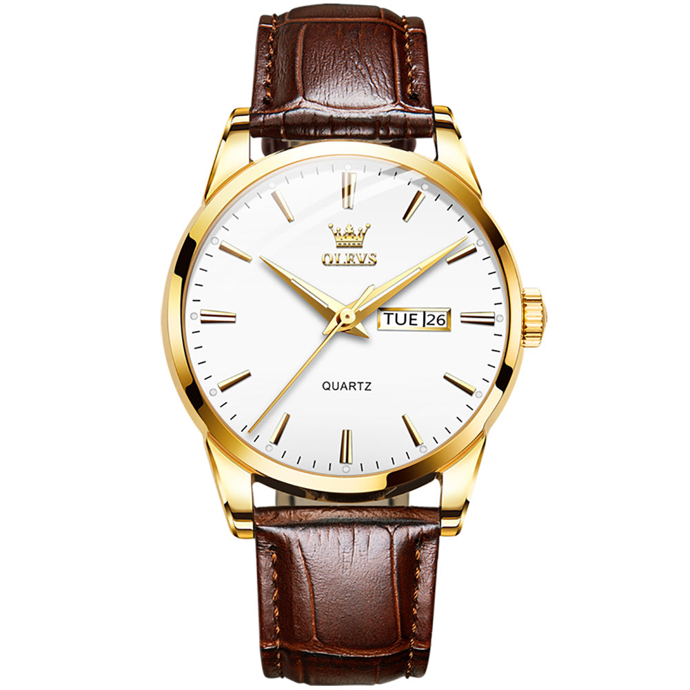 Brown Strap-White Dial Gold Trim