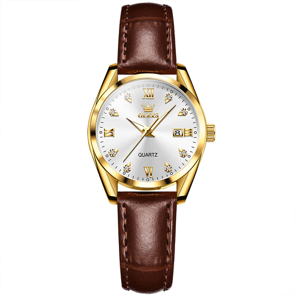 Brown Strap-White Dial Gold Trim