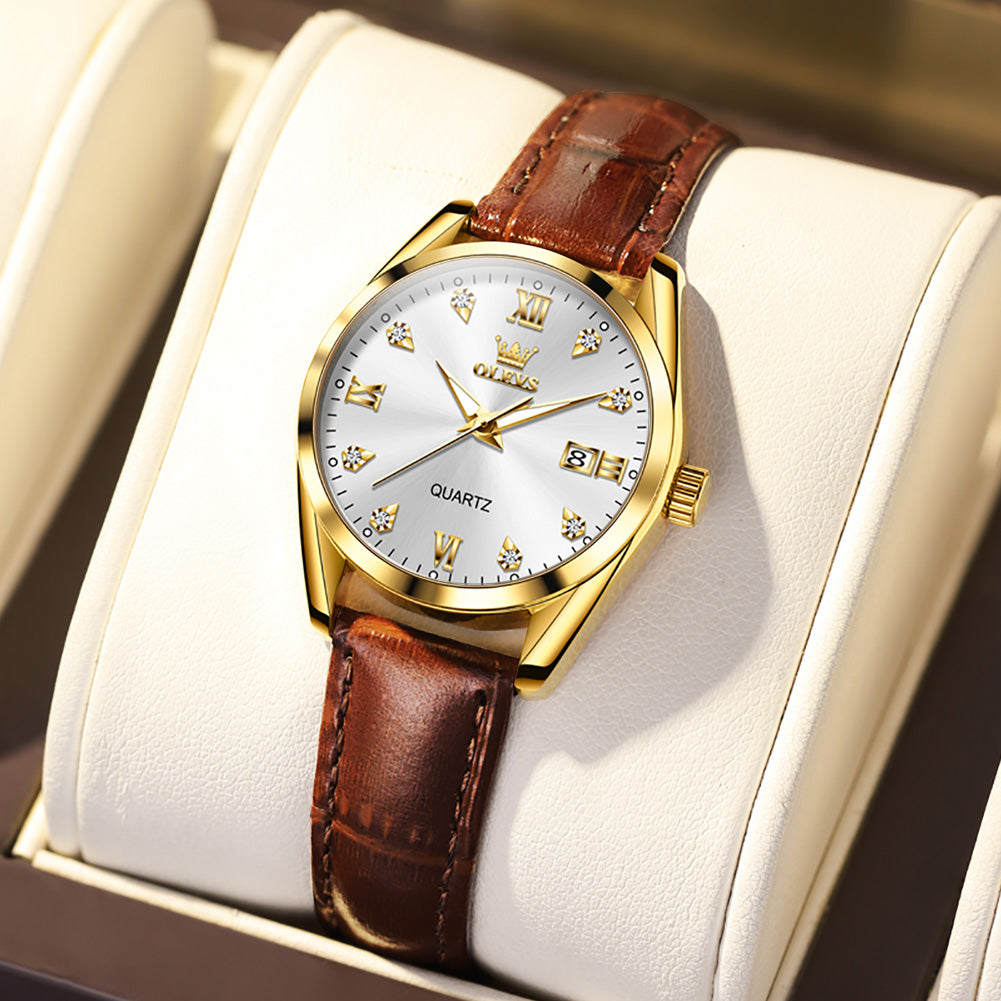 Brown Strap-White Dial Gold Trim