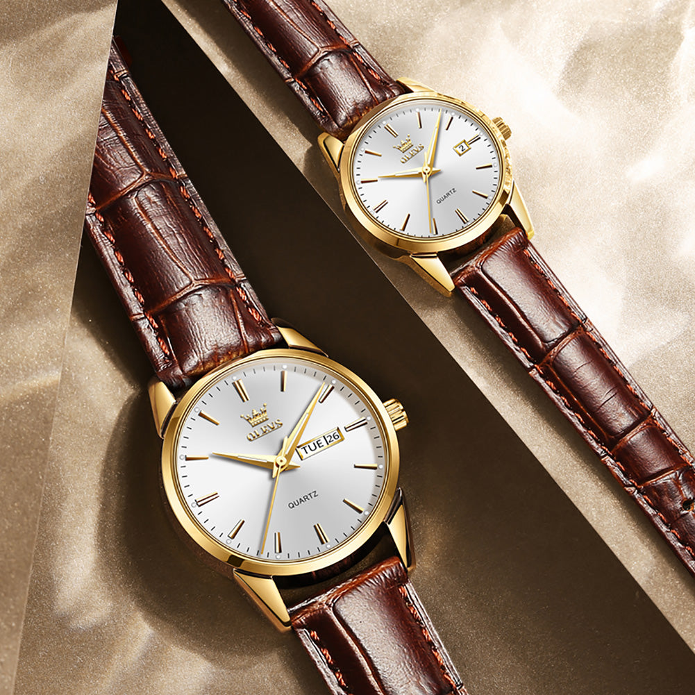 Brown Strap-White Dial Gold Trim