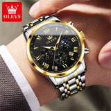 OLEVS Men Watch 5529 Stainless Steel Chronograph Roman Numerals Moon Phases Analog Quartz Dress Watch for Men