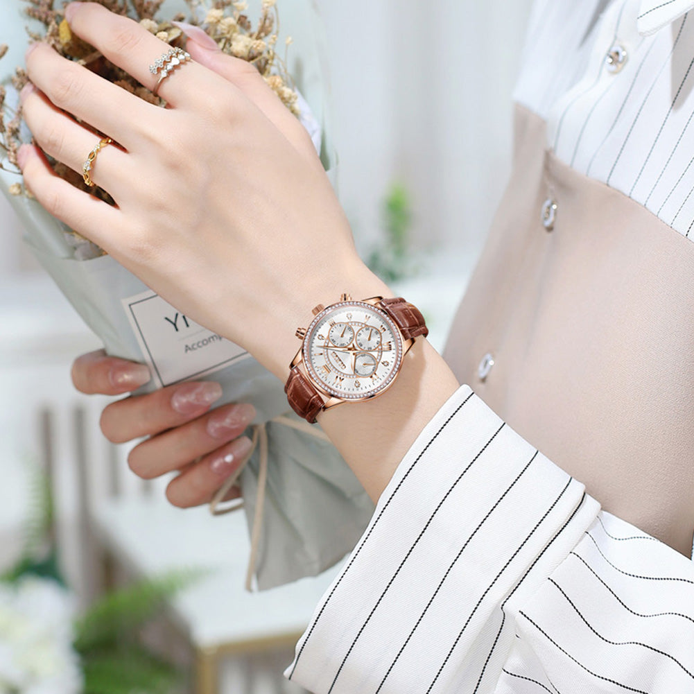 Brown Strap-White Dial Rose gold Trim