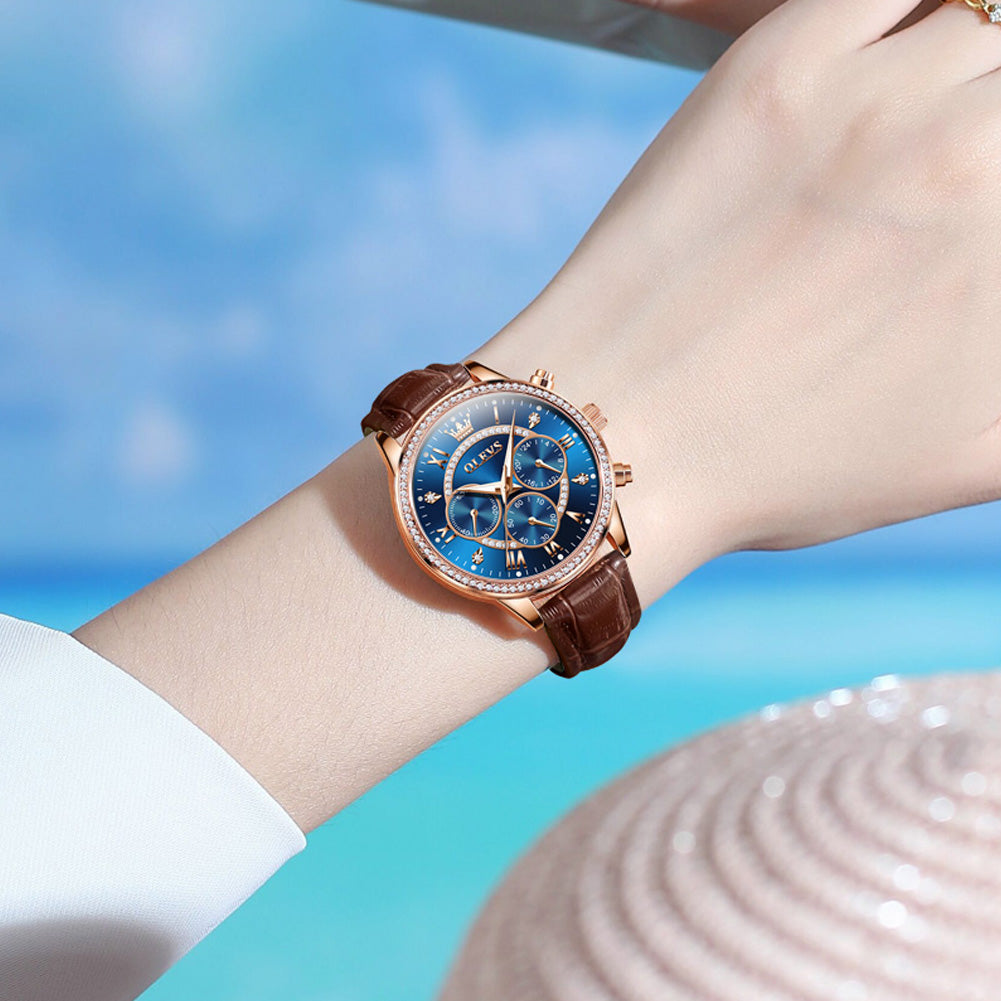 Brown Strap-Blue Dial Rose gold Trim