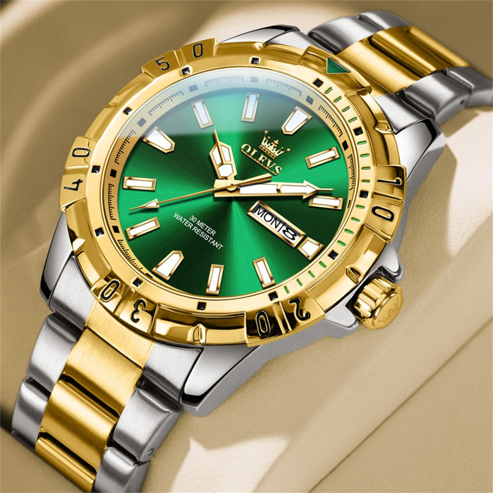 Two Tone Strap-Green Dial Gold Trim