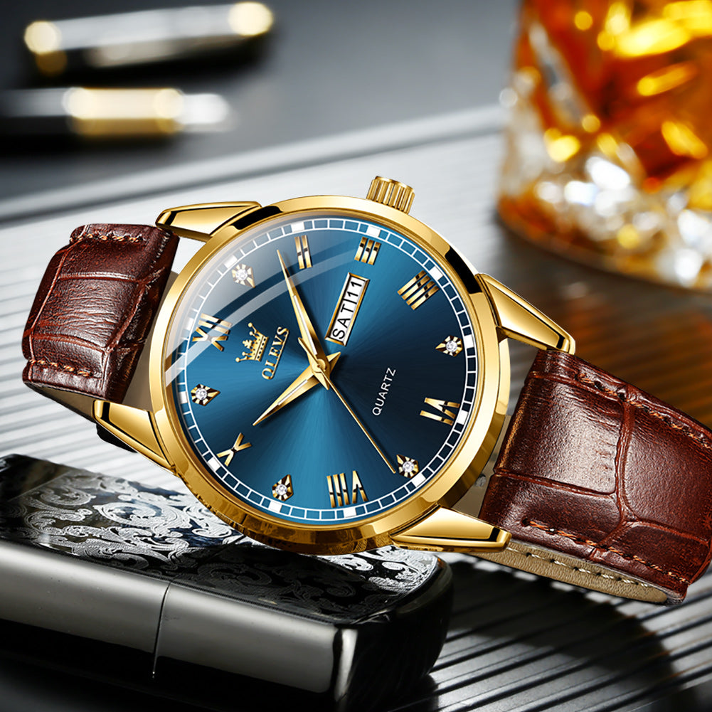 Brown Strap-Blue Dial Gold Trim