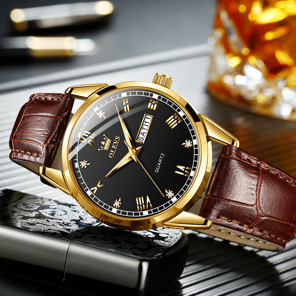 Brown Strap-Black Dial Gold Trim