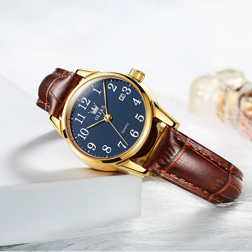 Brown Strap-Blue Dial Gold Trim