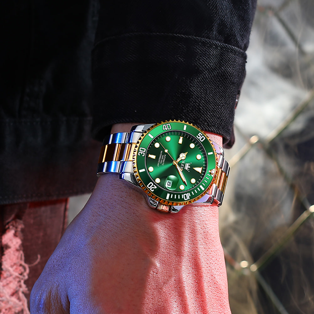 Two Tone Strap-Green Dial Gold Trim