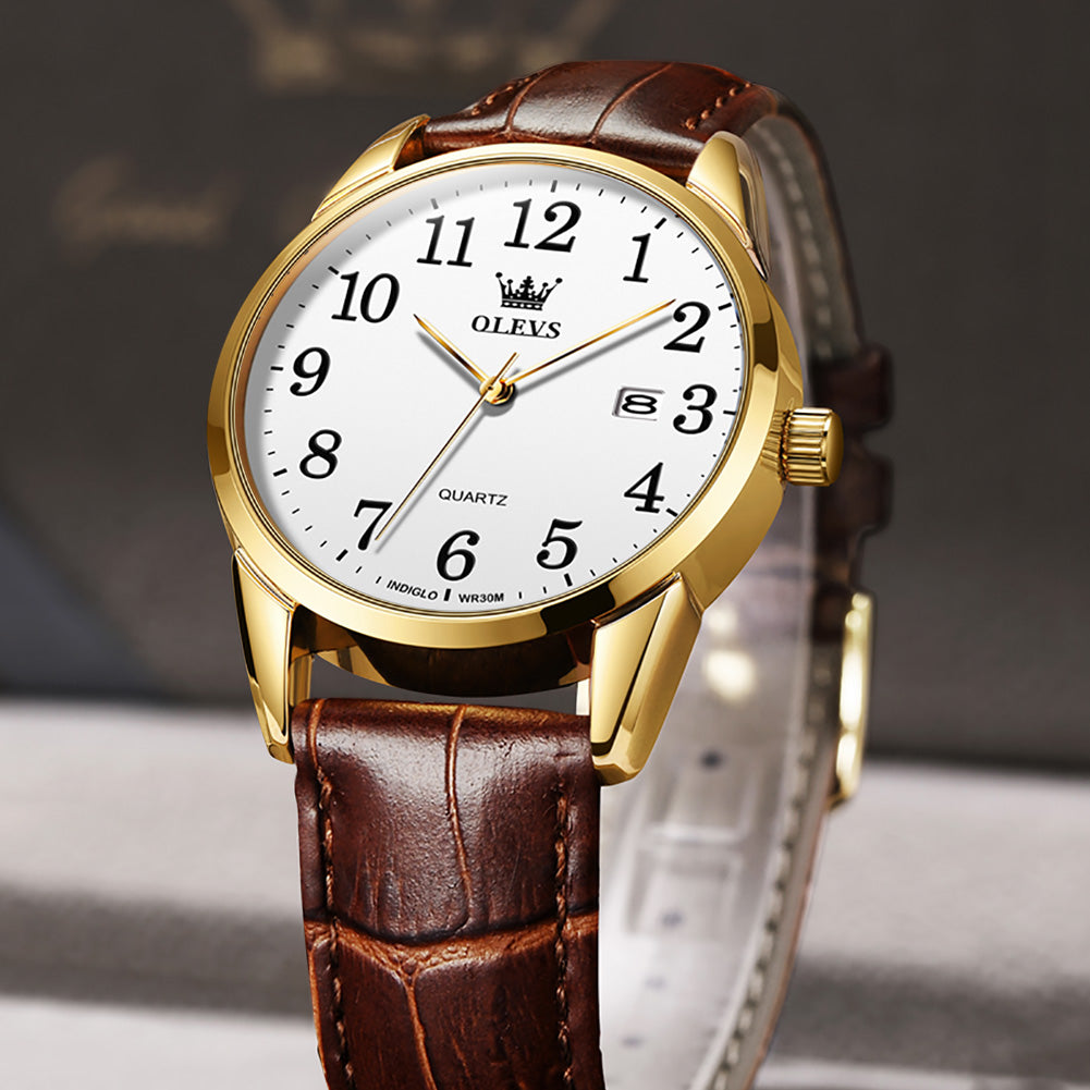 Brown Strap-White Dial Gold Trim