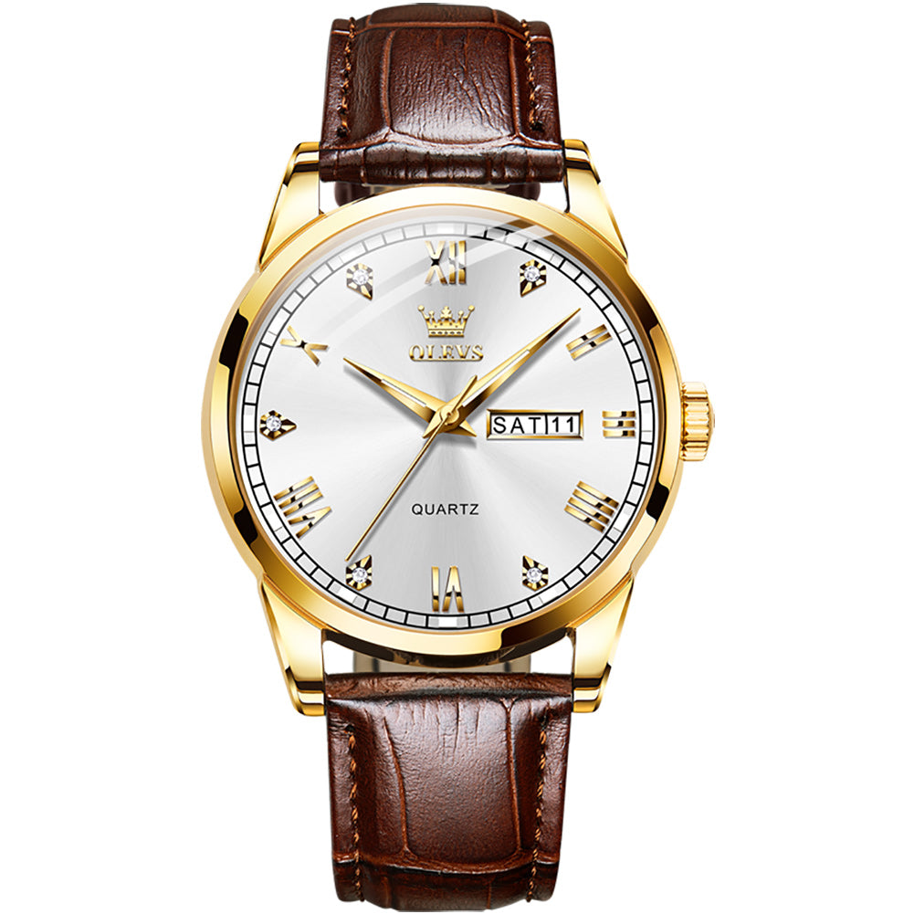 Brown Strap-White Dial Gold Trim