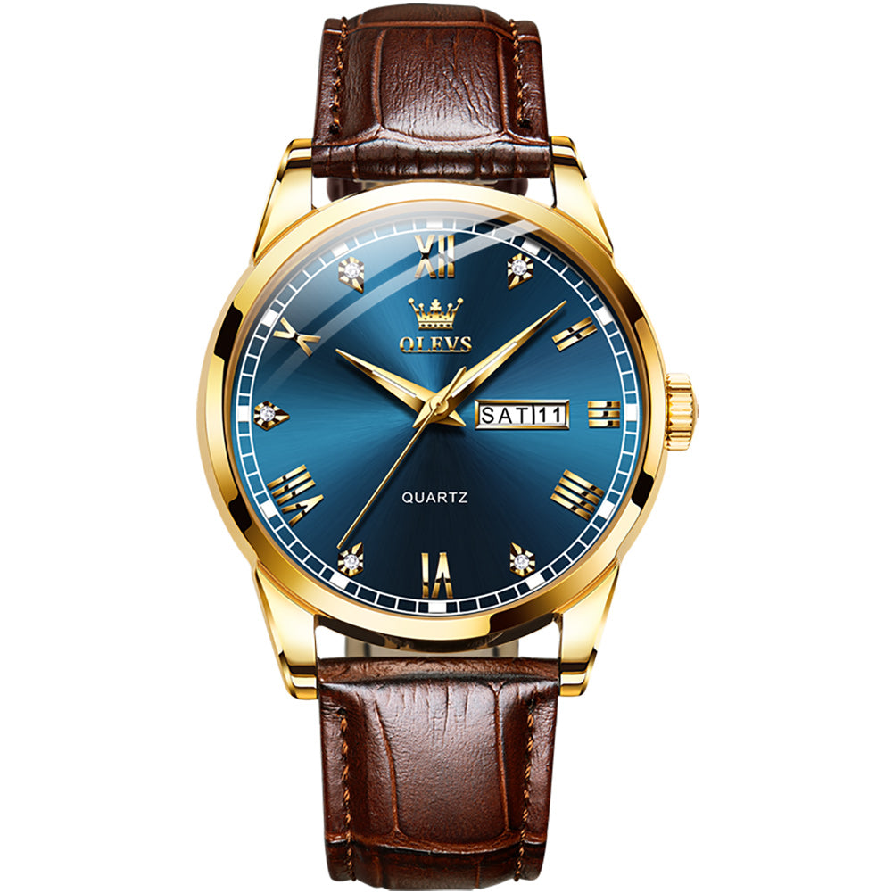 Brown Strap-Blue Dial Gold Trim