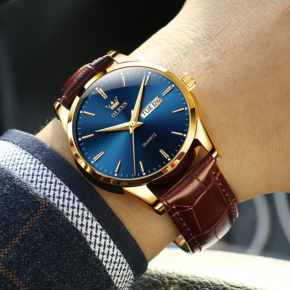 Brown Strap-Blue Dial Gold Trim