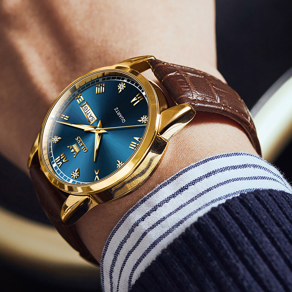 Brown Strap-Blue Dial Gold Trim