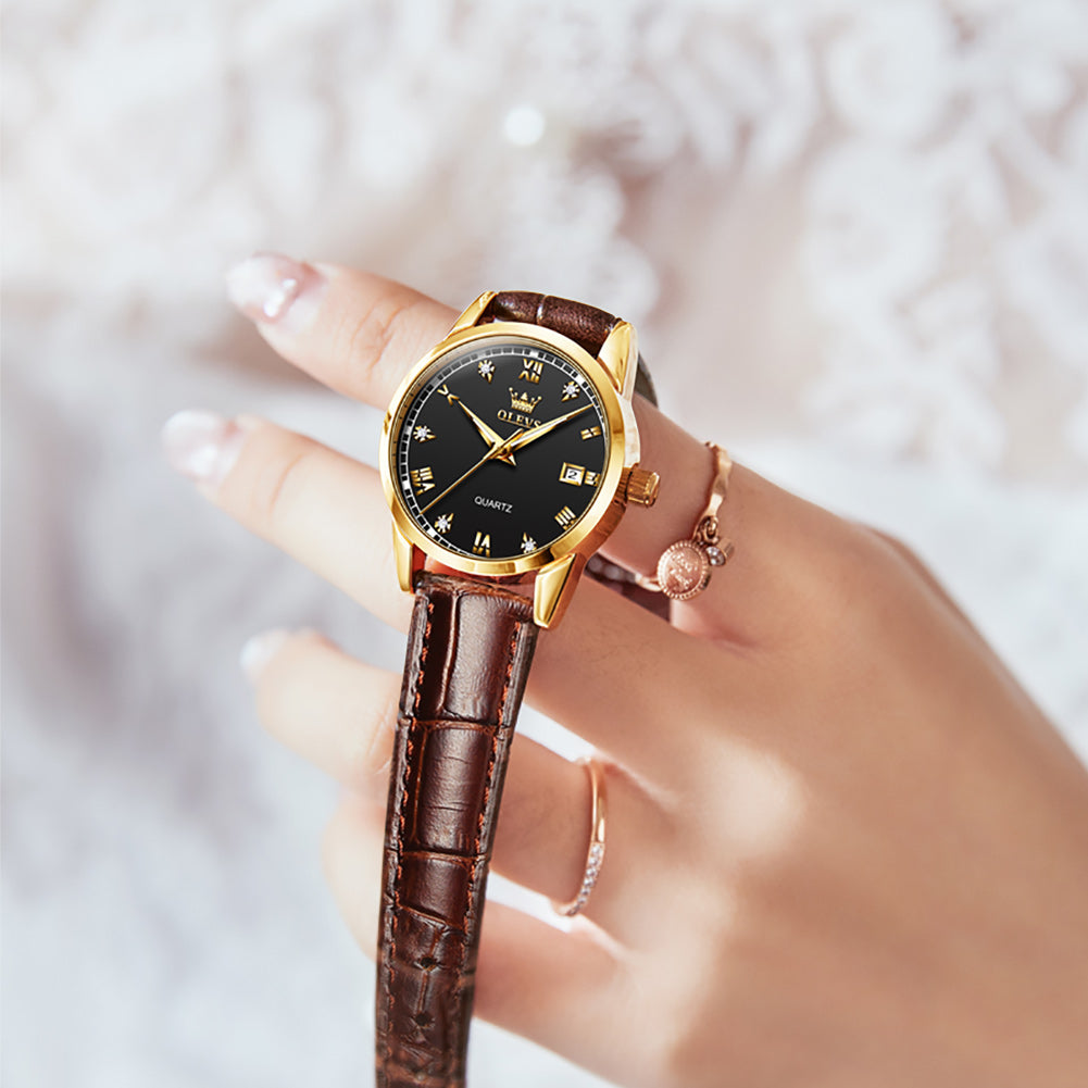 Brown Strap-Black Dial Gold Trim