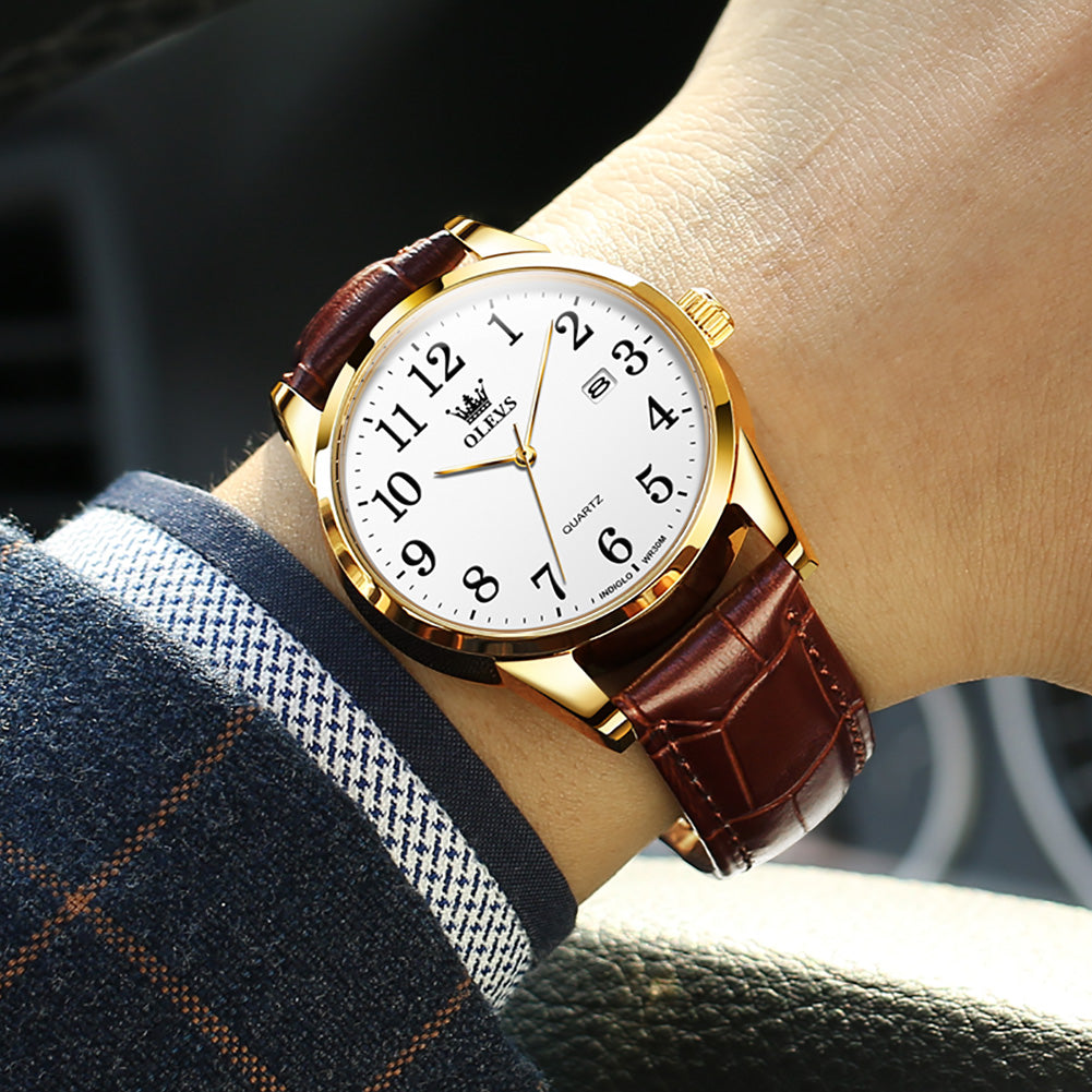 Brown Strap-White Dial Gold Trim