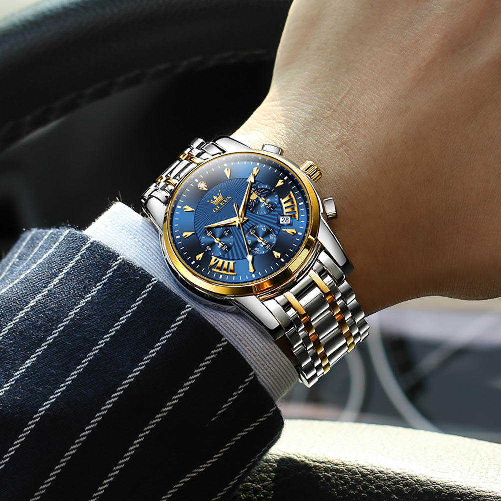 Two Tone Strap-Blue Dial Gold Trim