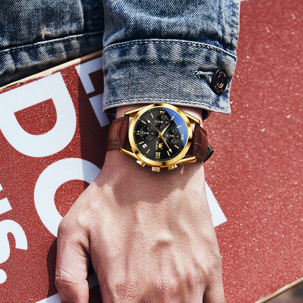 Brown Strap-Black Dial Gold Trim